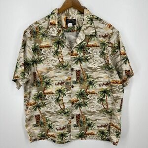 Hawaiian Reserve Collection Short Sleeve Button Shirt Men's XL Beige Palm Tree